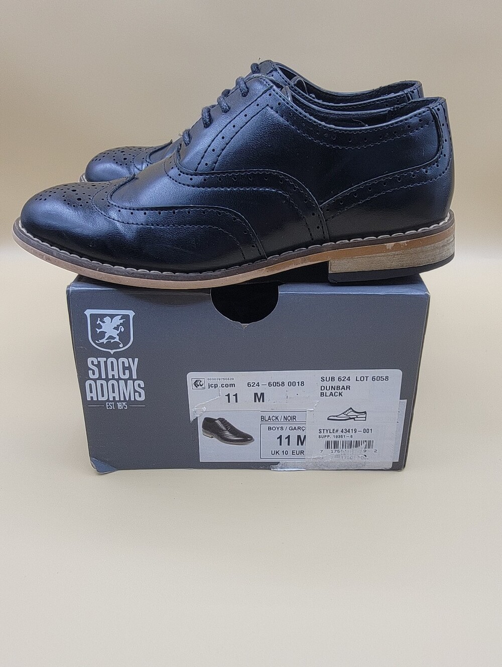 Stacy Adams Dunbar Wingtip Little Boy's Dress Shoes Size 11C Black Faux Leather